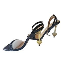 Black Rhinestone Heeled Sandals W Heart-Shaped Gold Heel & Ankle Buckle EU42US11